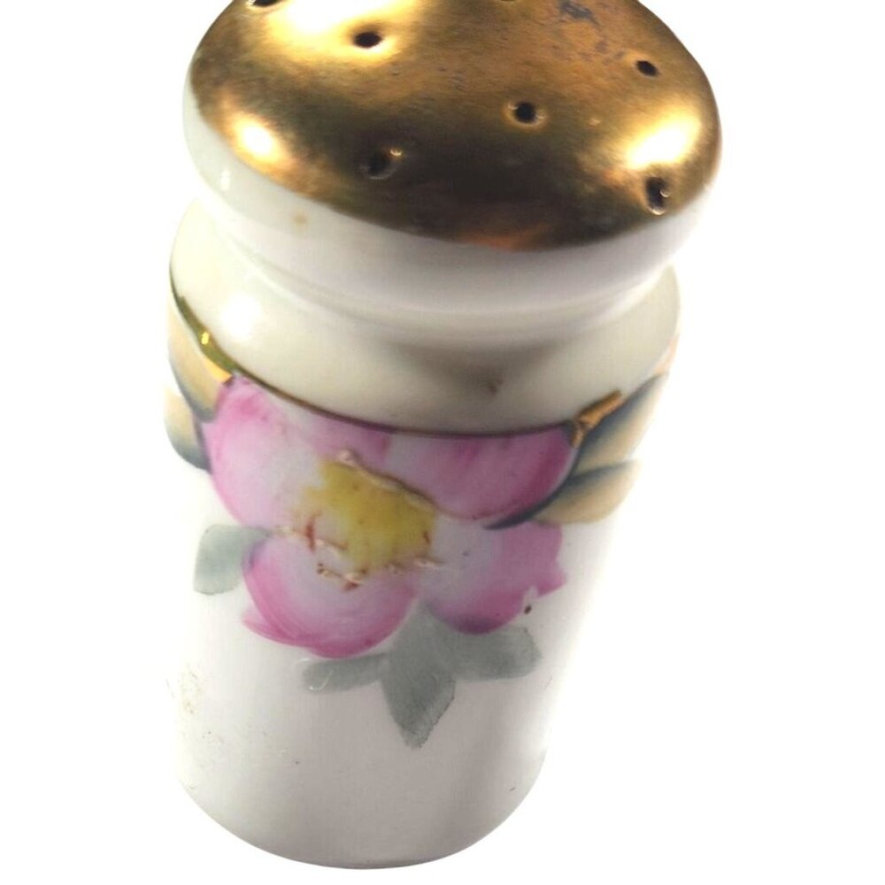 Porcelain Salt Shaker vtg Gold tone Top Floral Made In Japan cottagecore